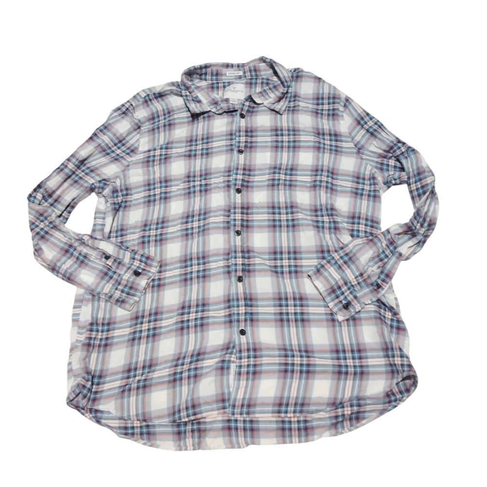 American Eagle Seriously Soft Plaid Flannel Shirt White Blue Size XXXL Mens